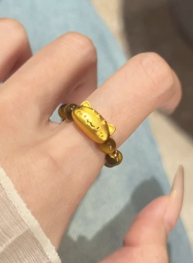新款胖嘟嘟面包法棍猫戒指女黄金色萌宠可爱小猫咪虎眼石食指戒子