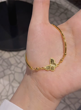 24k金色车花镭射蝴蝶半镯手链女