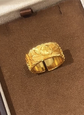 古法工艺錾刻牡丹花开口戒指女