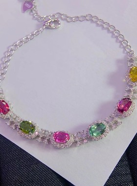 超美的七彩碧玺手链清爽糖果色火彩非常棒S925银镀金精工镶嵌