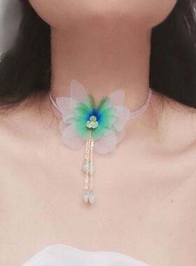 古风轻纱丝带蝴蝶吊坠项链配汉服马面裙温婉少女复古颈链百搭首饰