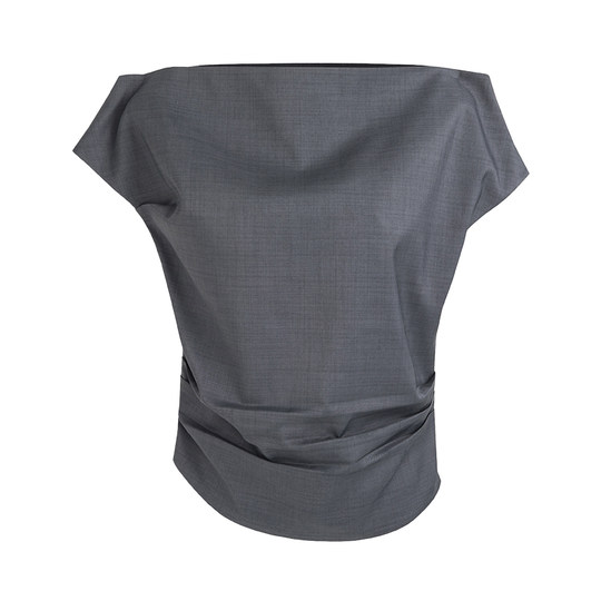 UNSPOKEN简约不对称斜肩T恤女2025夏季新款褶皱修身显瘦露肩上衣