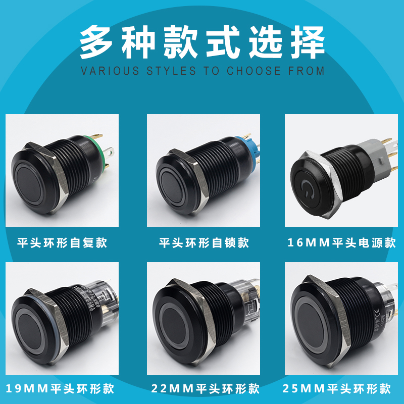 卓朗齐12161922mm铝氧化黑金属按钮开关高端带灯定制12v24v220v-图2