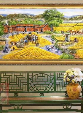 手绘稻田农家五谷丰收图风景油画