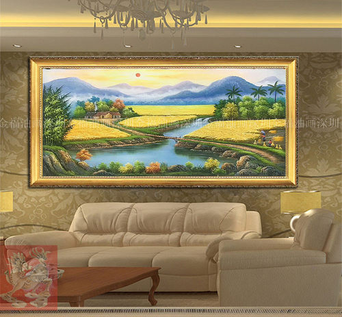 手绘新中式田园丰收图稻田风水风景油画聚宝盆客厅办公室家居挂画 - 图0