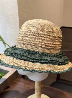 拉菲草编大檐草帽女夏季防晒遮阳帽度假风海边拼色沙滩帽渔夫帽子