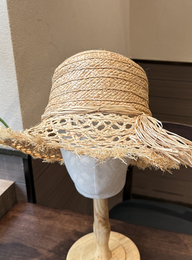 夏季拉菲草帽女宽檐镂空防晒遮阳帽度假沙滩毛边草编帽11cm大沿潮