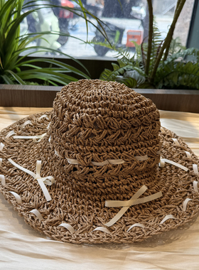 夏季遮阳手工草编大檐遮阳帽女夏季防晒沙滩帽折叠度假草帽凹造型