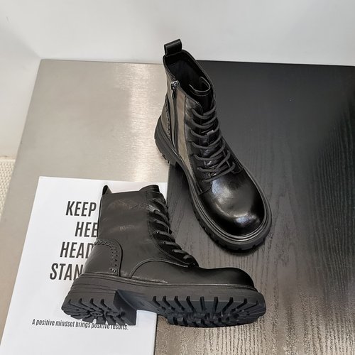 厚底增高马丁靴女2025新款秋冬加绒英伦风短靴复古百搭系带机车靴 - 图1