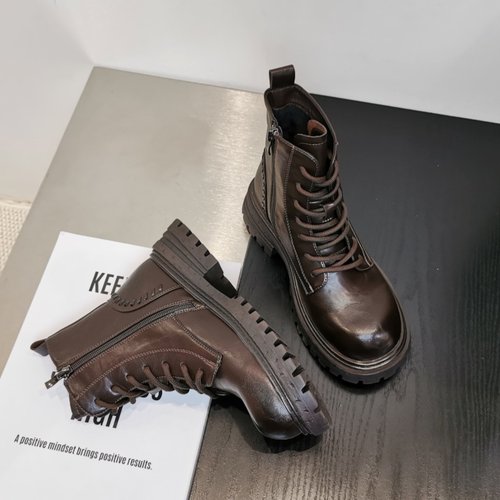 厚底增高马丁靴女2025新款秋冬加绒英伦风短靴复古百搭系带机车靴 - 图2