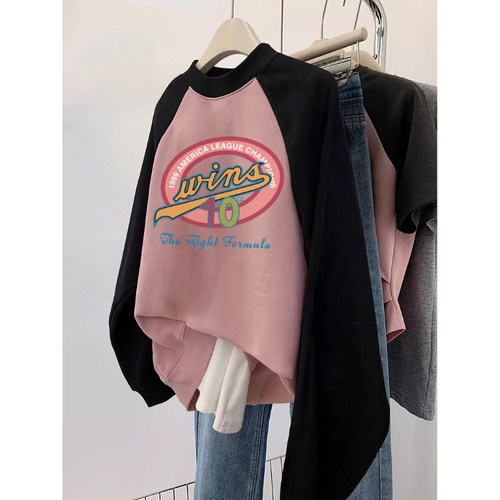 oversize大码粉色卫衣女秋冬插肩袖加绒外套ins潮闺蜜装减龄上衣 - 图0