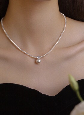 S925纯银贝珠珍珠项链女轻奢百搭高级感正圆戴妃款吊坠毛衣链颈链