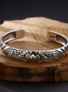 富贵鹿925纯银复古时尚男士金刚杵手镯日本原宿元素少量泰银手环