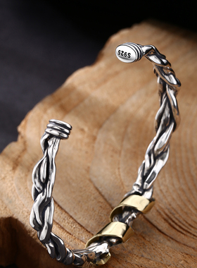 新款纯银创意老树藤丝带手镯日本工匠流行男女开口个性首饰手环