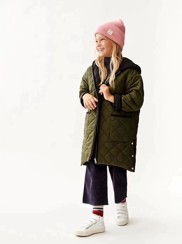 Осеннее платье отобранные девушки с обеими сторонами черного+военного зеленого хлопка ромб, мягкое хлопковое пальто, маленькие дети в средней школе