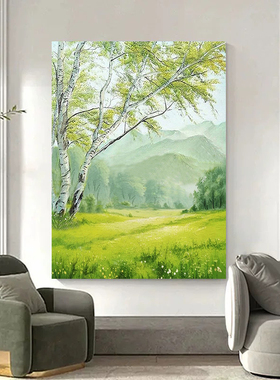 奶油风白桦树风景装饰画手绘油画
