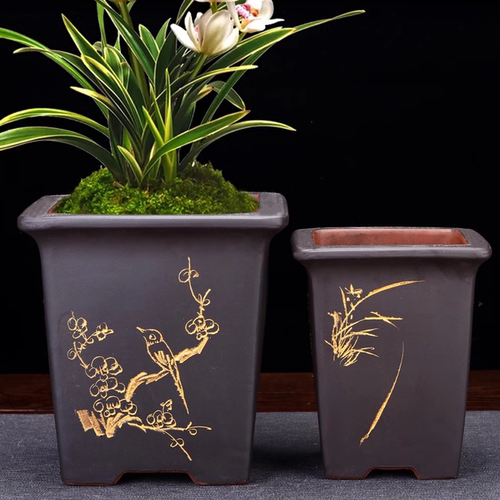 正方形紫砂兰花盆精品陶瓷文竹老桩阳台松柏蝴蝶兰简约古典中国风 - 图2