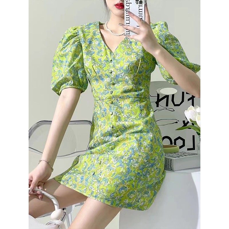 碎花裙子女夏设计气质温柔感连衣裙 咖布服饰连衣裙