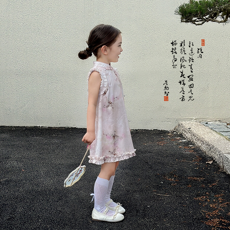 柒号童仓女童中国风盘扣连衣裙夏装新款木耳边中式改良旗袍裙潮 - 图1