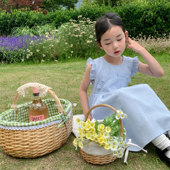 ອັນດັບ 7 Tongcang Girls Korean Style Sweet Plaid Dress Spring and Summer New Fashionable Round Neck Forest Princess Dress Fashion