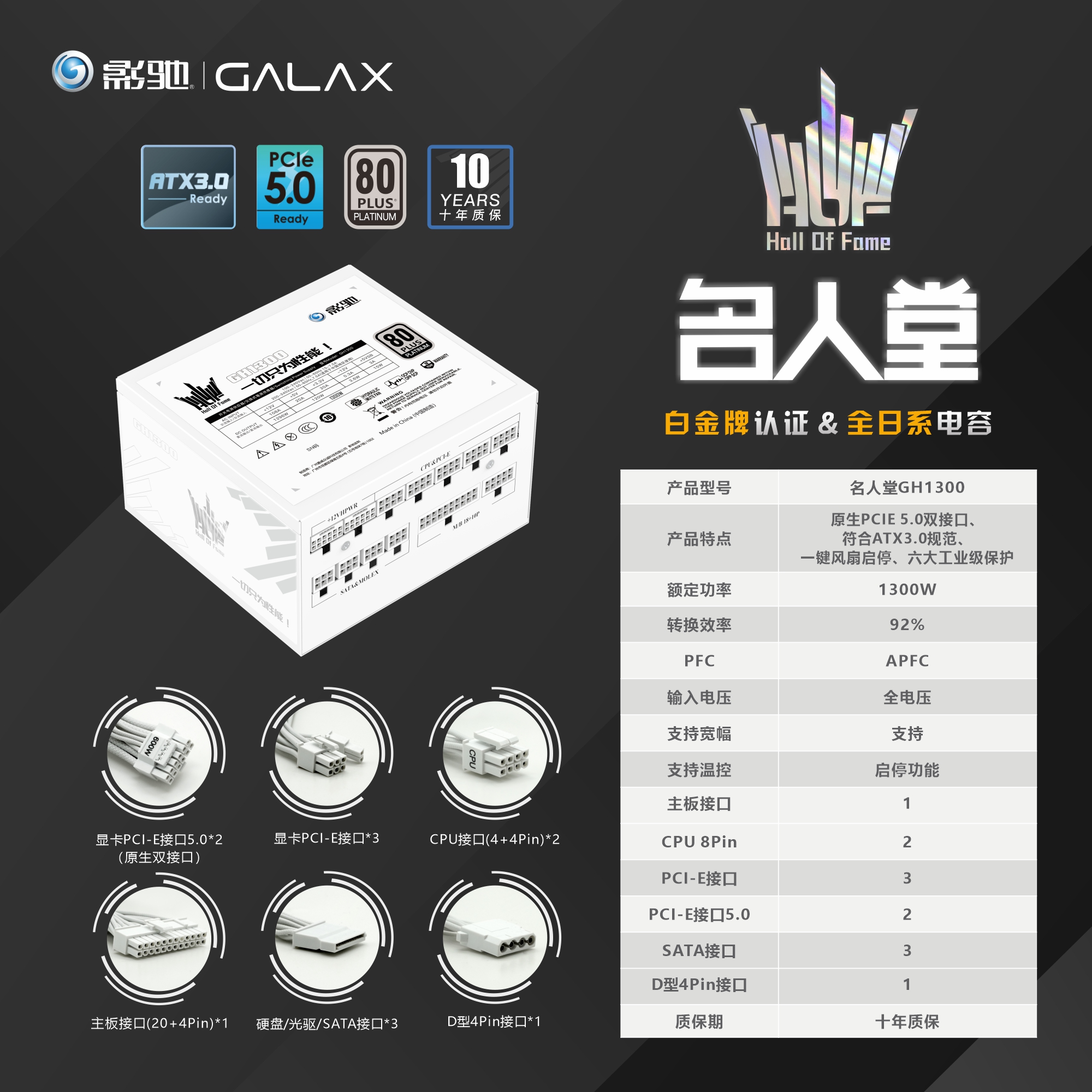 影驰名人堂HOF GS850/GH1000W/1300W白金全模组PCIE5.0电源ATX3.0 - 图1