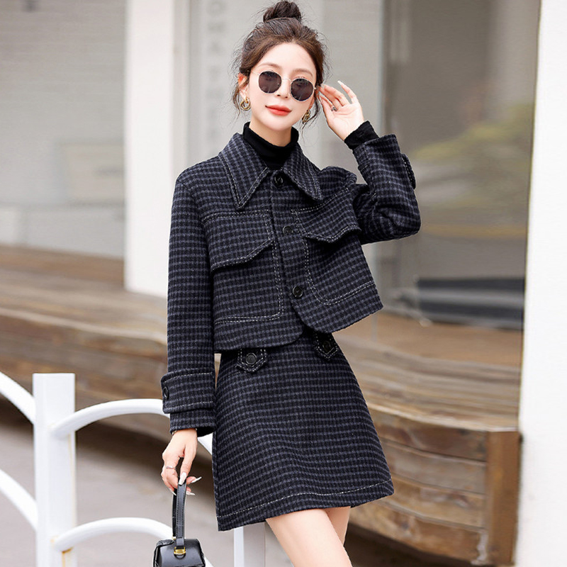 套装女秋季大码杭派单排扣格子短外套半身裙小香风双面羊毛两件套 - 图1
