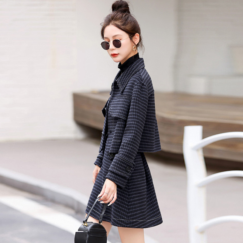套装女秋季大码杭派单排扣格子短外套半身裙小香风双面羊毛两件套 - 图0