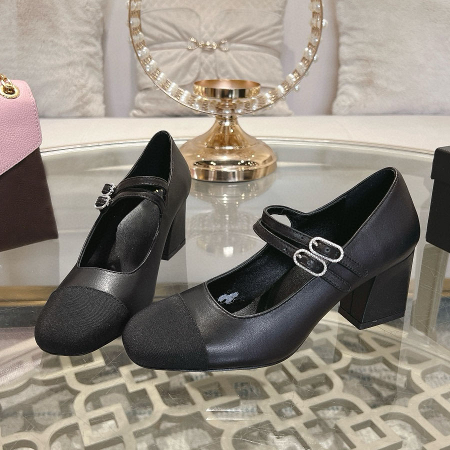 经典小香风拼色双带水钻扣玛丽珍高跟鞋2024新款真皮粗跟单鞋高端 - 图1