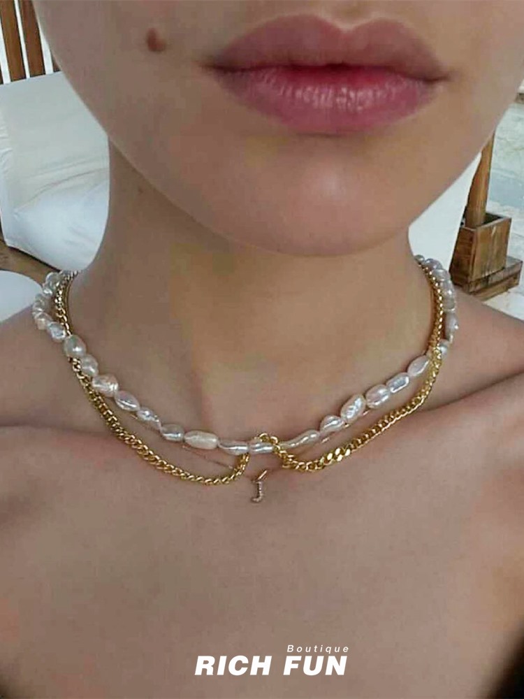 澳洲FandH天然巴洛克淡水珍珠链条拼接镀金choker锁骨链项链ins女-图0