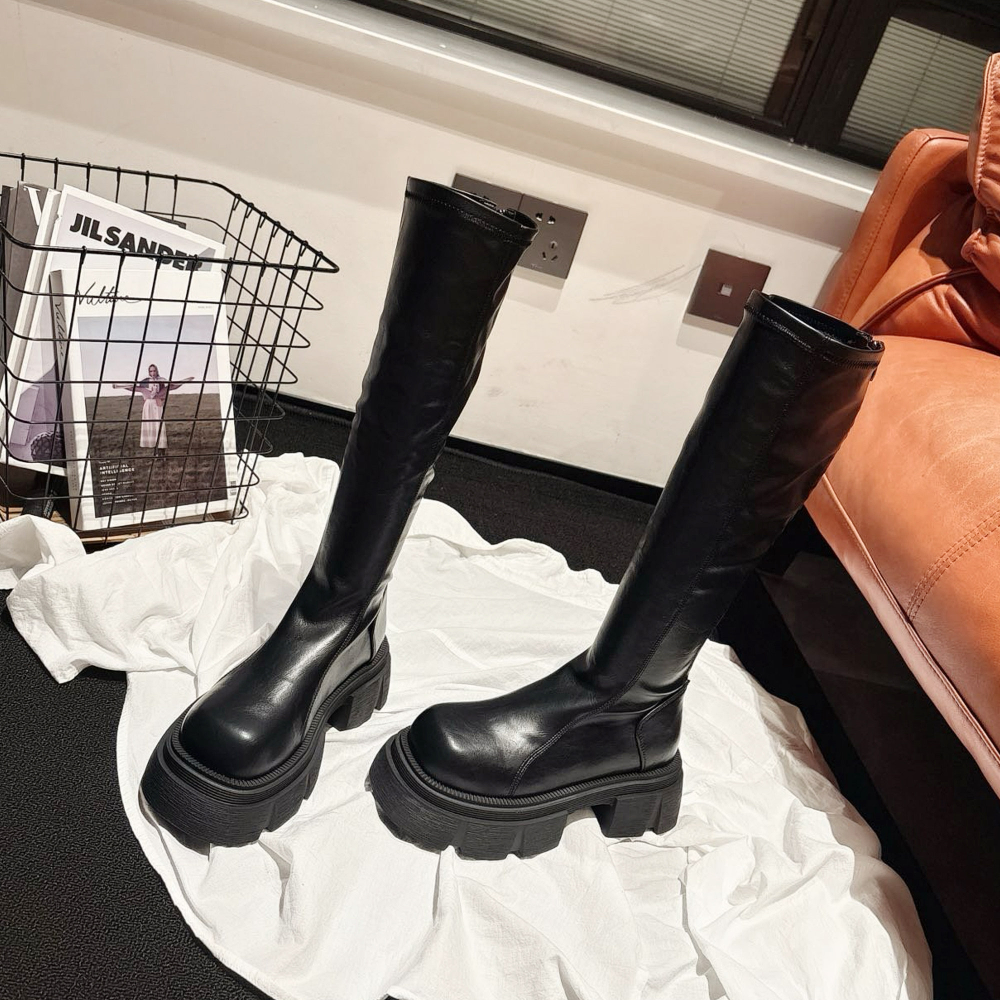 韩国单~粗高跟微弹高筒瘦瘦靴女2025秋冬新款长筒靴皱皱靴ins长靴,淘宝优惠券,粉丝福利购,淘宝优惠卷