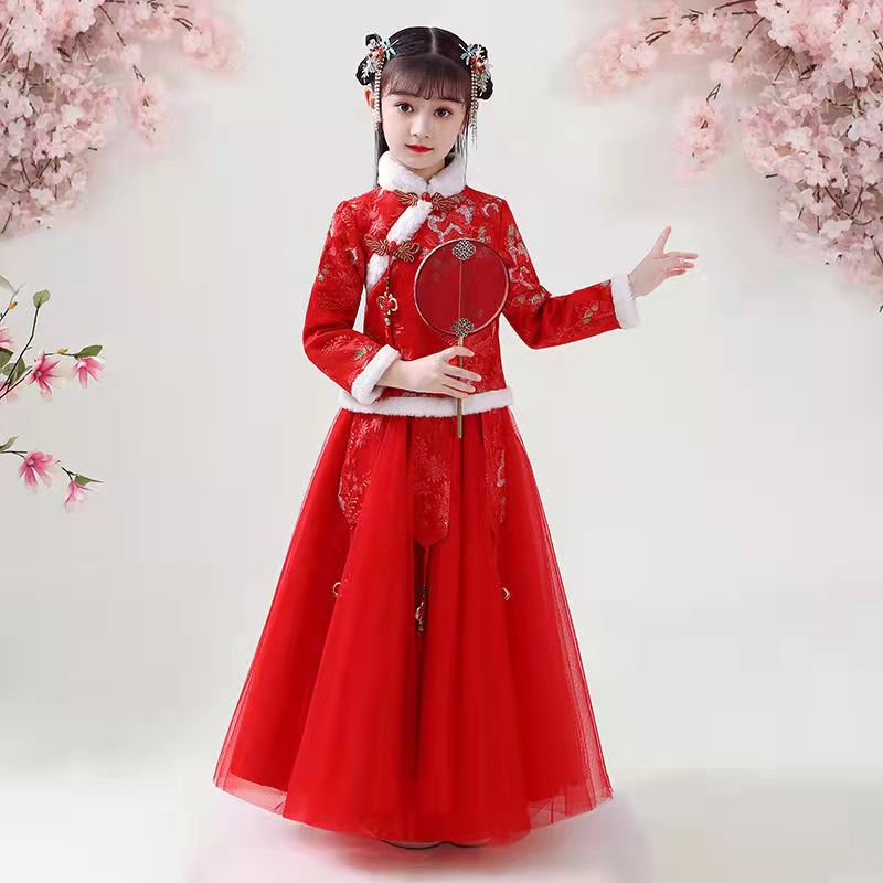 汉服女童连衣裙2021年冬季新款中国风超仙小女孩古装长袖儿童套装 - 图1