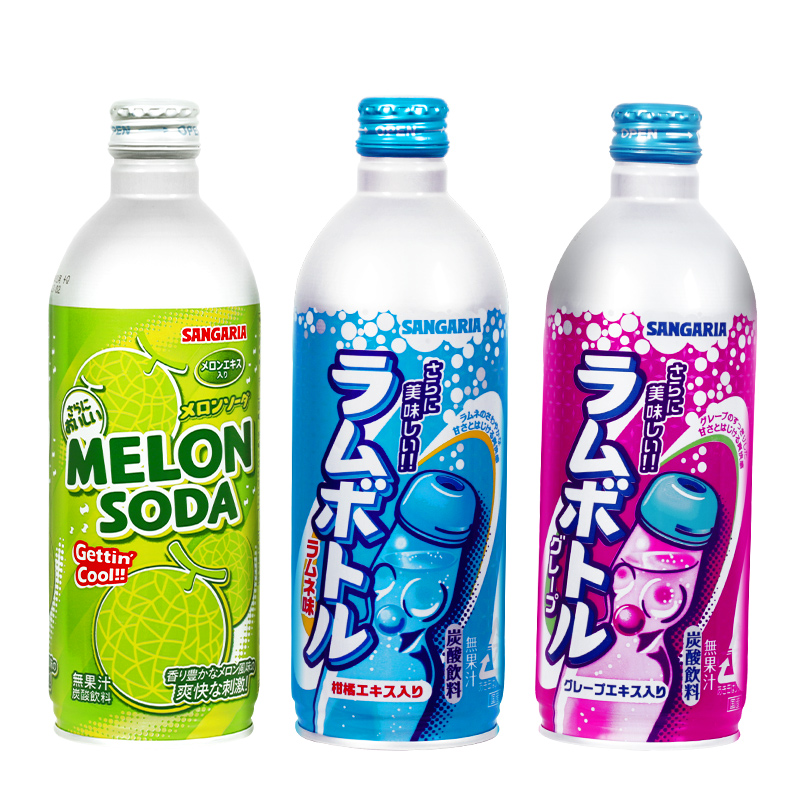 日本进口SANGARIA桑戈利亚波子汽水葡萄密瓜原味碳酸饮料500ml - 图0