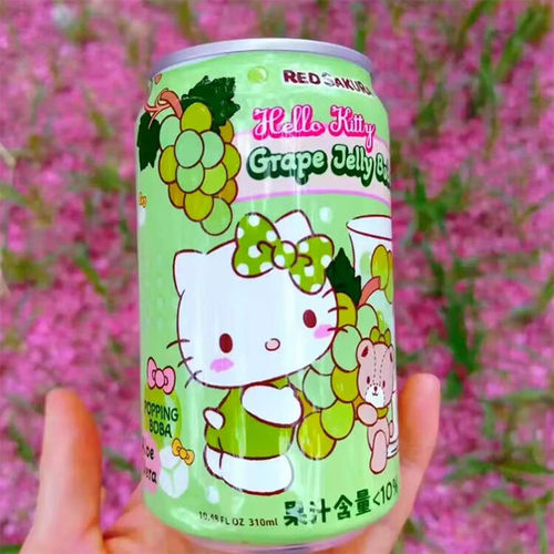 台湾进口KT三丽鸥kitty联名苹果葡萄芦荟味果味果汁爆珠饮料310ml - 图1