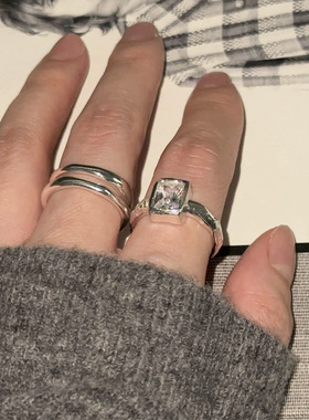 【新品】闪闪方块不规则切割戒托925通体银方糖戒指锆石可调节