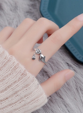 s925纯银戒指女复古汉服配饰民族鲤鱼莲花流苏食戒情侣可调节指环