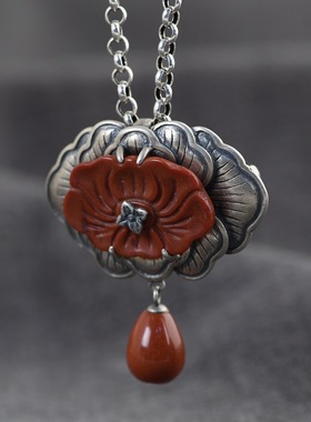 纯银复古风汉服配饰胸针南红玛瑙