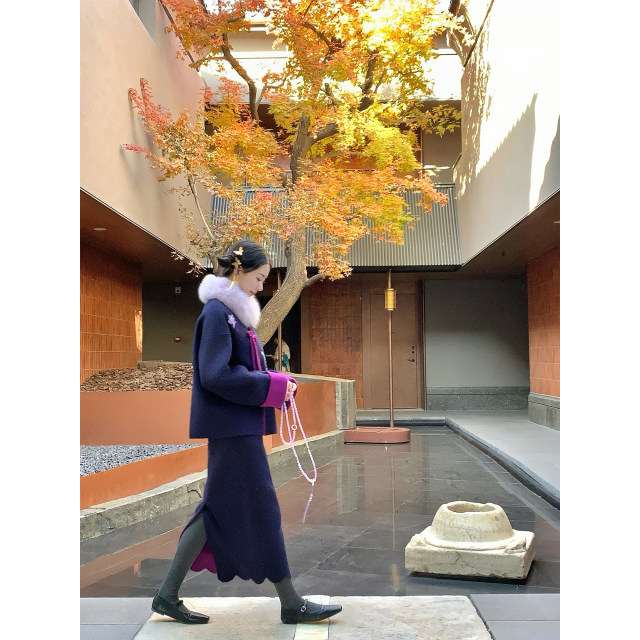 Thecoco 紫纸鸢  刺绣新中式可双面穿外套紫色羊毛双面呢套装女冬