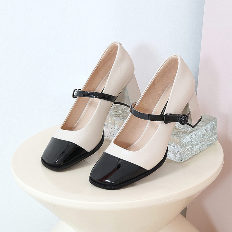 St&Sat/星期六春秋羊皮拼接方头浅口高跟玛丽珍单鞋女SS31111375,淘宝优惠券,粉丝福利购,淘宝优惠卷