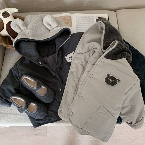 儿童连帽外套男保暖2025秋冬新款小童小熊棉衣洋气宝宝夹克女夹棉 - 图0