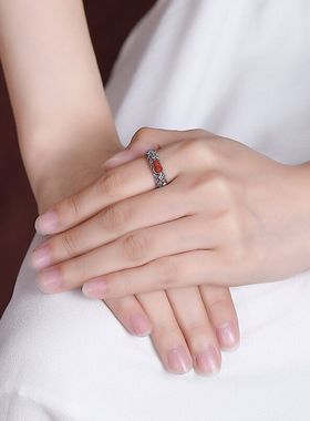 国潮风S925纯银南红碧玉平安葫芦镂空祥云复古做旧开口戒指指环女