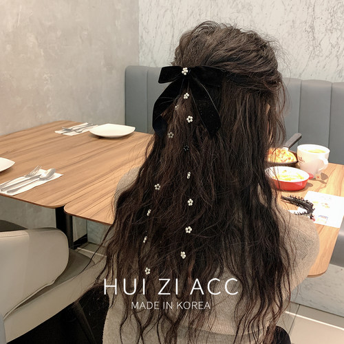 阿吉家同款甜酷韩国少女系列珍珠拼花点缀丝绒双层蝴蝶结流苏发夹 - 图1