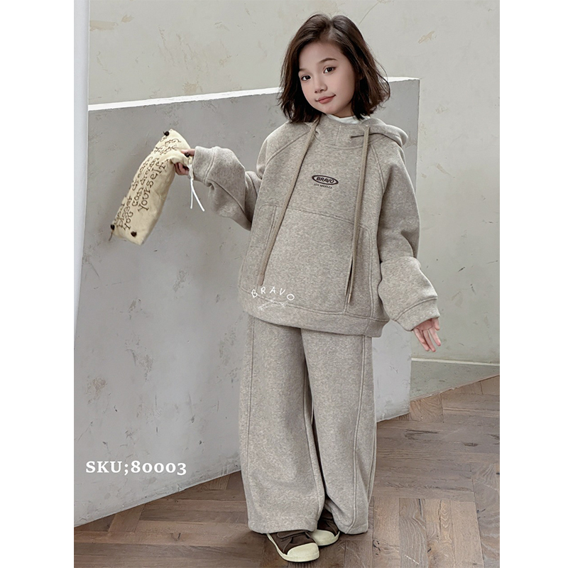 布芮欧童装2024冬新款女童中大童韩版一体绒卫衣套装可亲子80003 - 图0