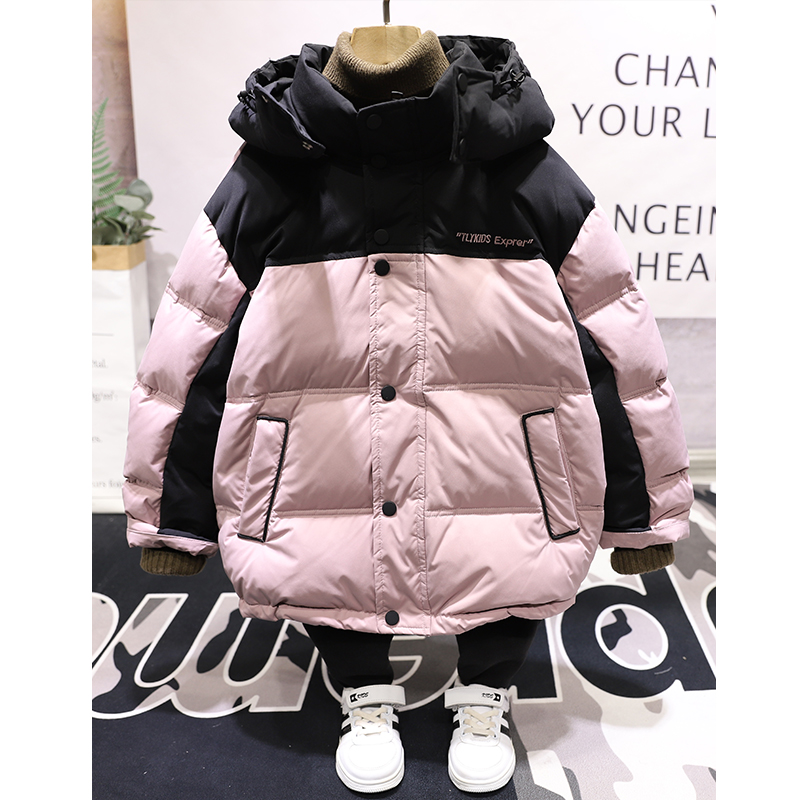 童乐鱼童装冬新款韩版拼色90白鸭绒男女童保暖连帽羽绒服1503 - 图1