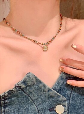彩色水晶串珠猫眼石吊坠项链女小众气质复古民族风百搭锁骨链颈链