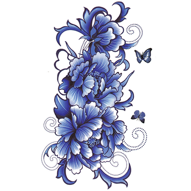 蓝色花朵纹身贴防水女持久仿真后背大腿肚子手臂遮盖疤痕彩绘-图3