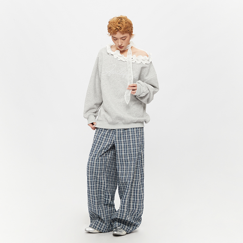 AIRHOOD 美式一字领花瓣拼接斜肩卫衣女2025秋季宽松辣妹露肩上衣 - 图2