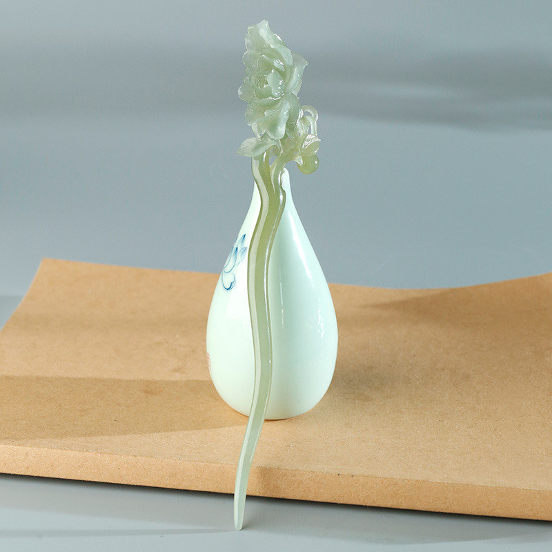 玉友和田玉发簪女款冰晴水篓容活环牡丹花玉簪子汉服佩饰附证书