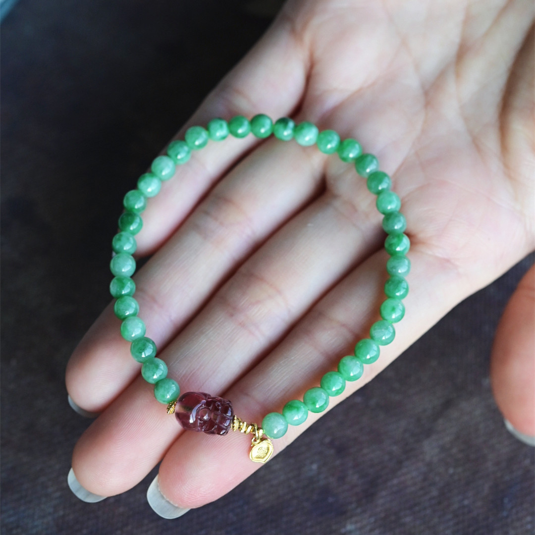 一斤钻戒 一物一图 天然缅甸A货翡翠手串 色泽亮丽 18K金粉碧玺,淘宝优惠券,粉丝福利购,淘宝优惠卷