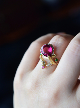 一斤钻戒 天然原矿宝石级全红碧玺戒指 18k厚金镶嵌 港码圈口13