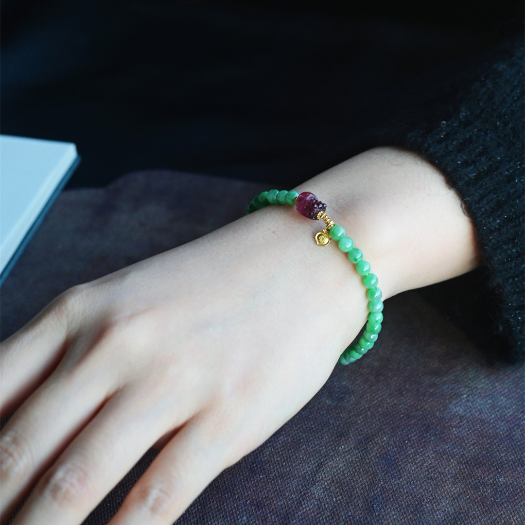 一斤钻戒 一物一图 天然缅甸A货翡翠手串 色泽亮丽 18K金粉碧玺,淘宝优惠券,粉丝福利购,淘宝优惠卷